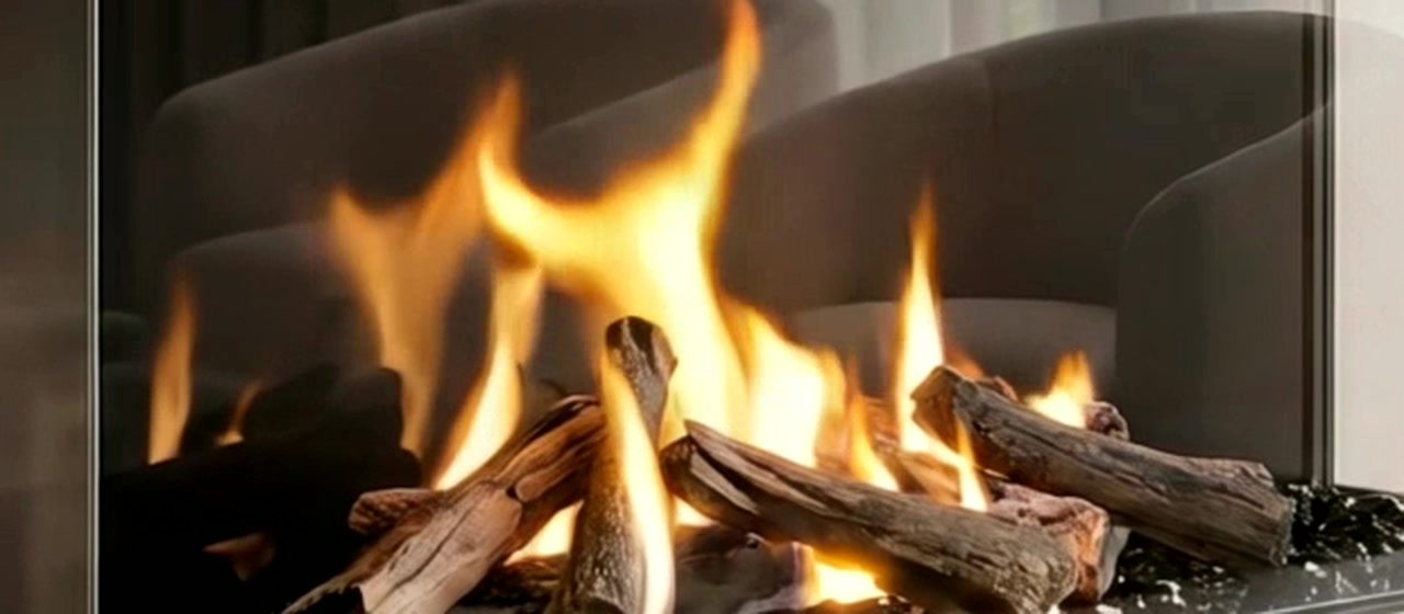 Three-sided glass fireplace with driftwood logs, close-up