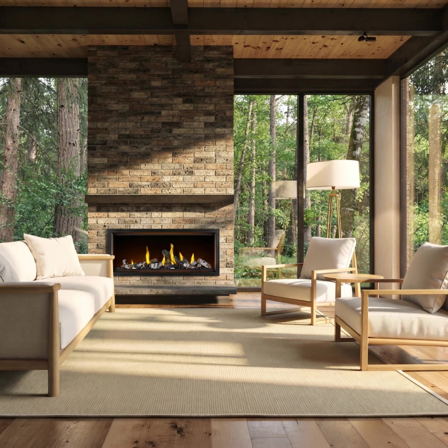 Fireplace with forest view windows