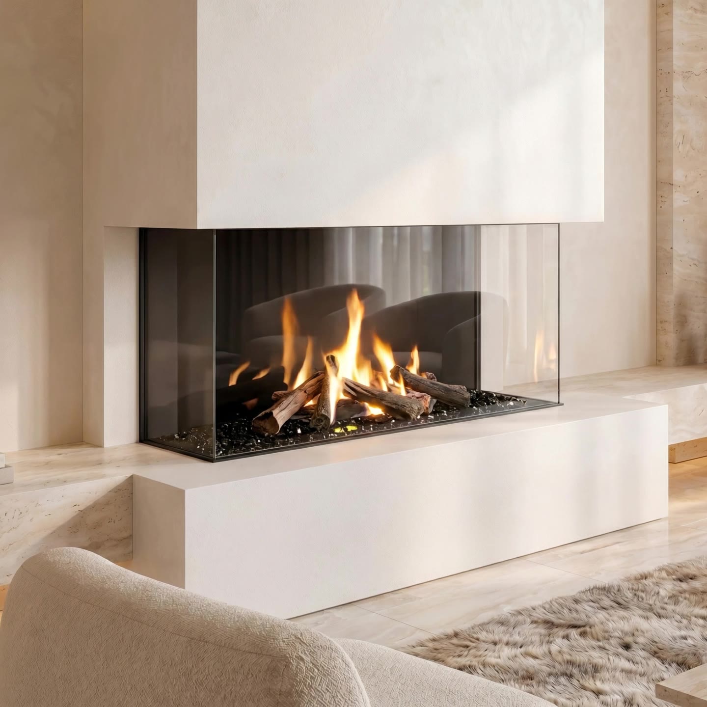 Three-panel glass gas fireplace, close view