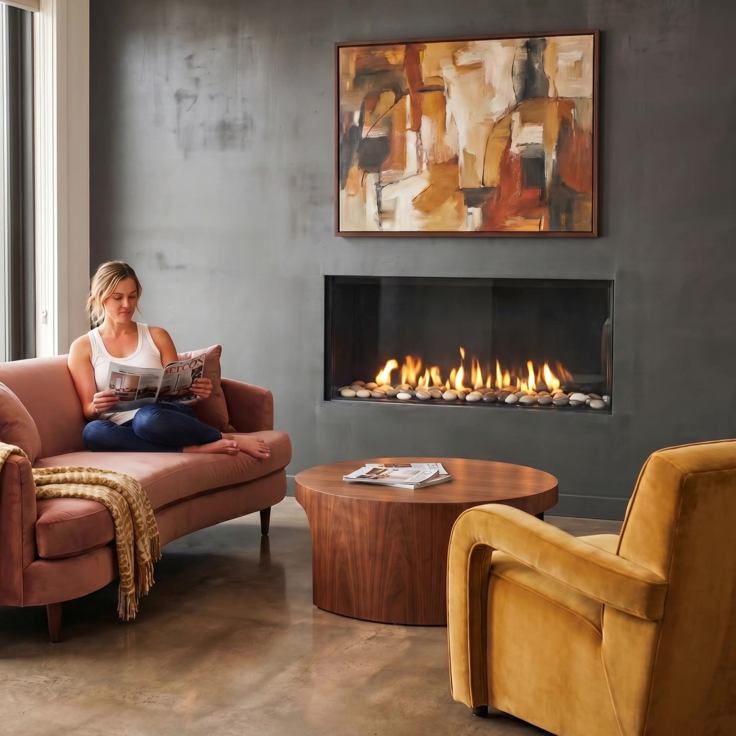 Linear fireplace with modern art