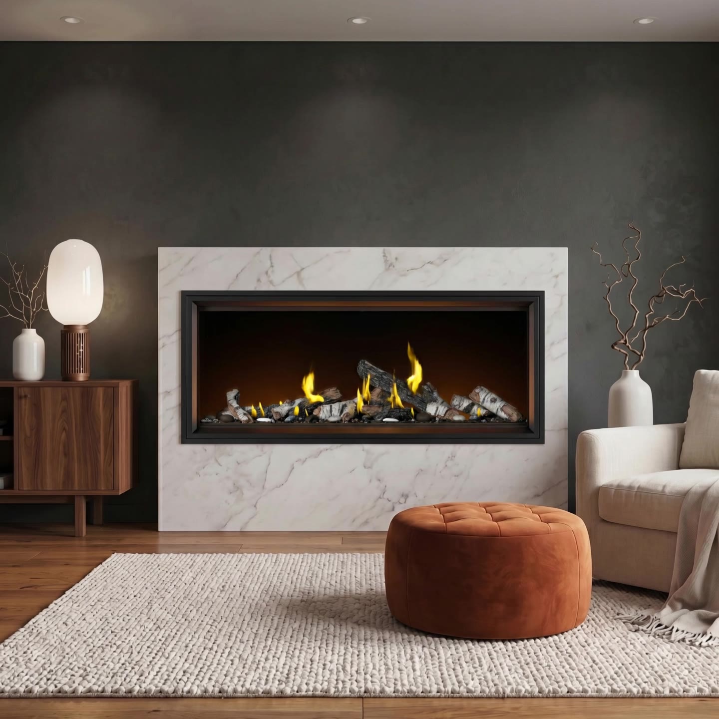 Marble linear fireplace lounge