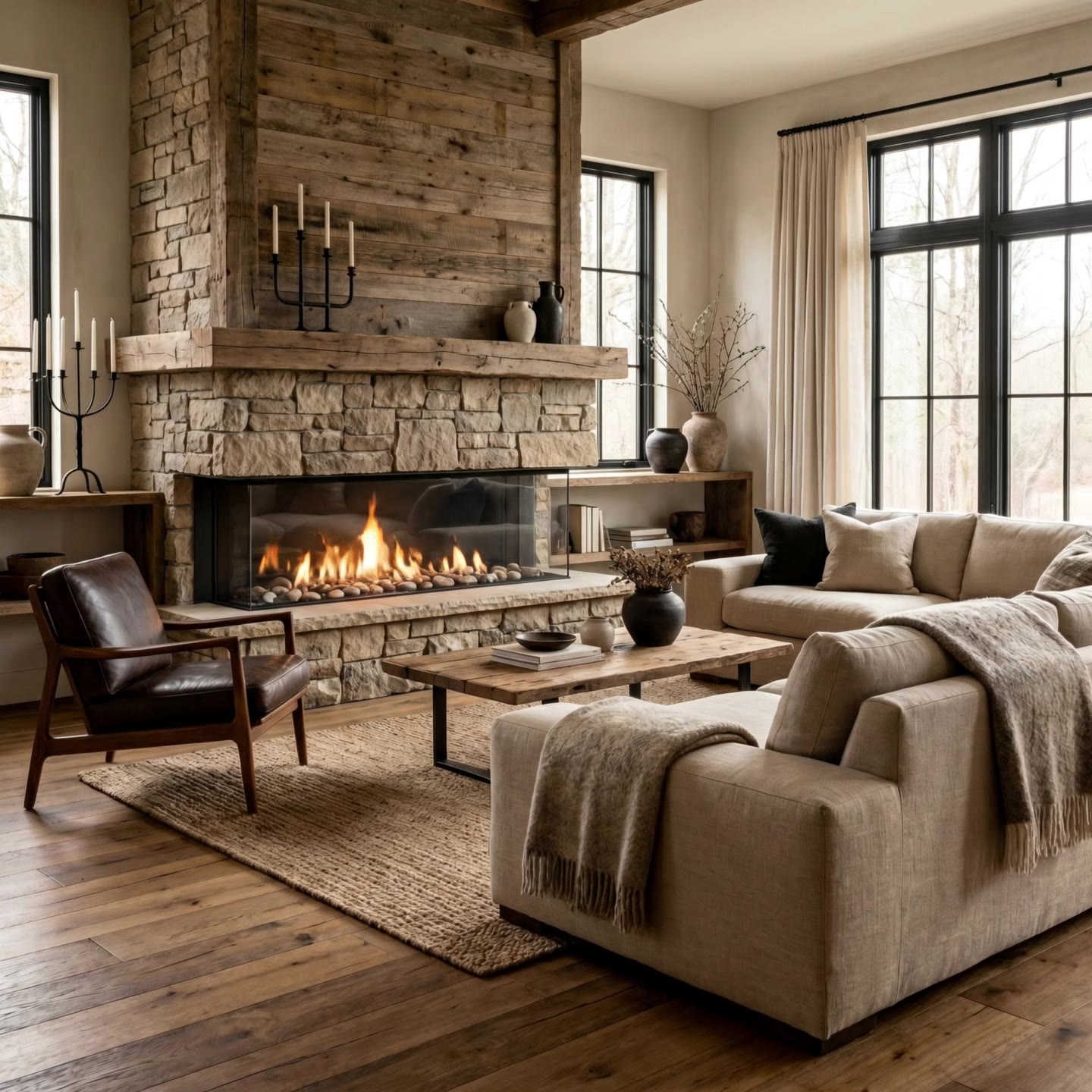 Linear fireplace in a stone great room