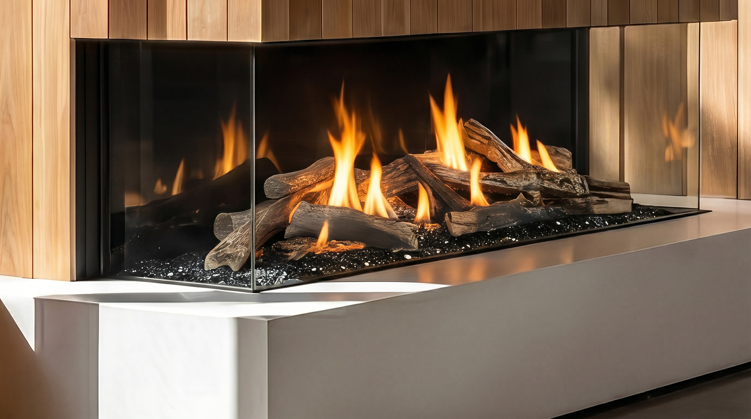 Three-sided glass fireplace, full firebox view