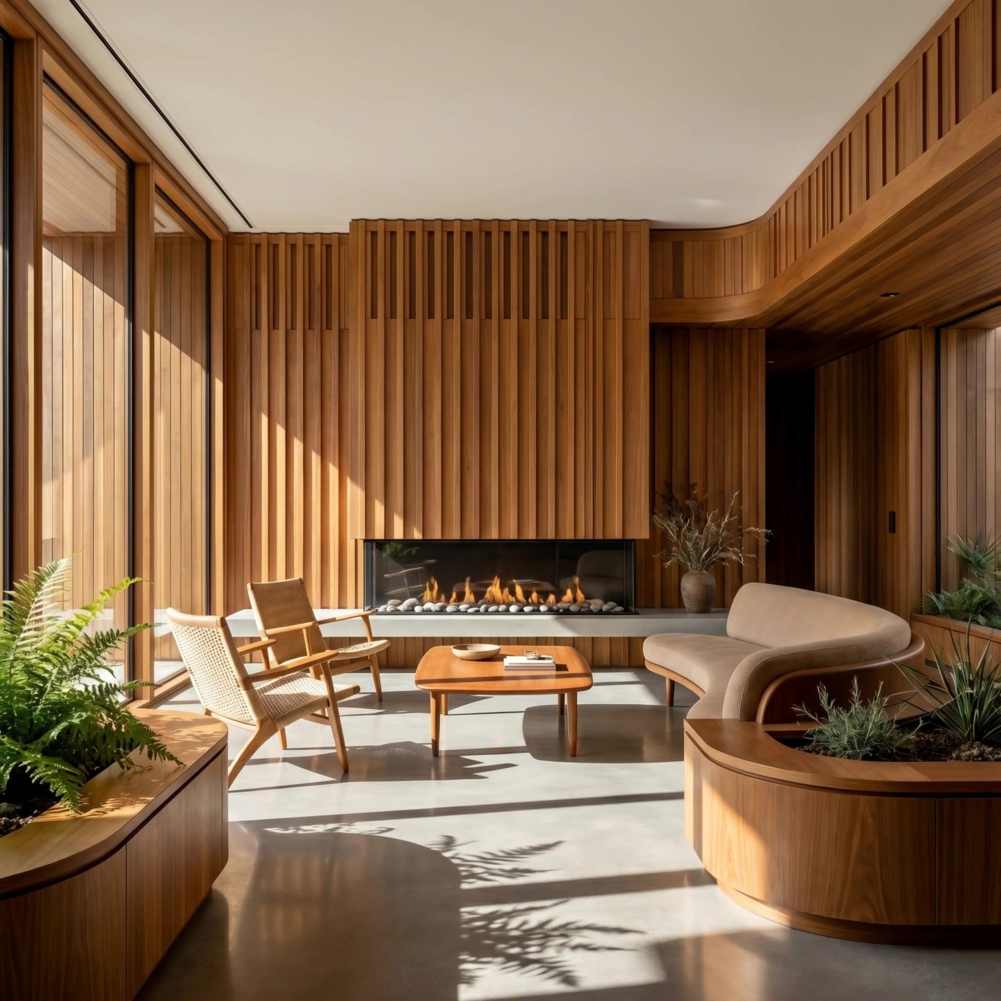 Wood-slat feature wall fireplace