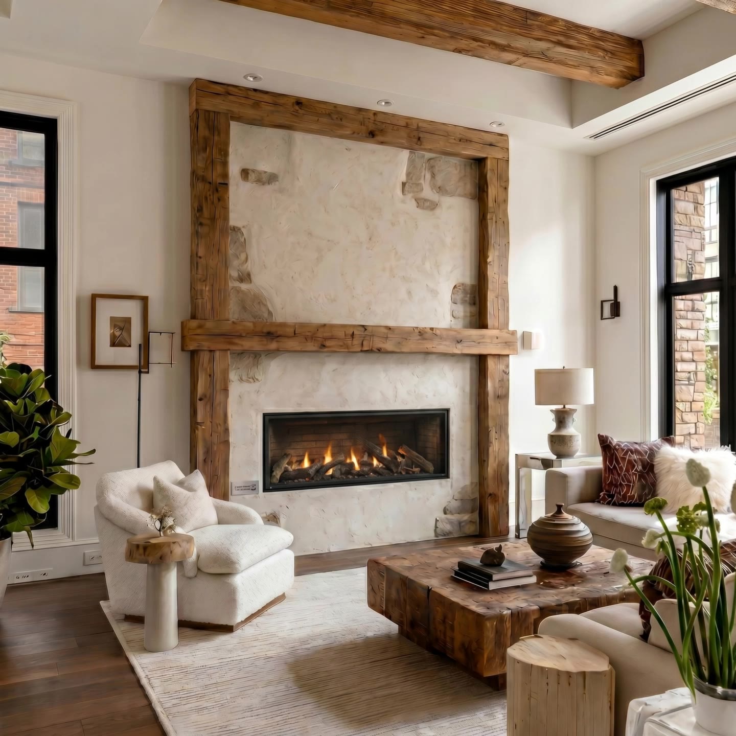 Rustic beam living room fireplace